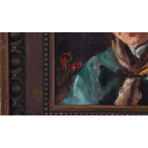 255 - M Pullman, oil on canvas, portrait of a boy scout, signed with monogram dated 1953, with parts of or... 