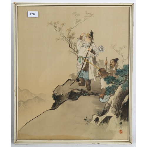 258 - Chinese watercolour on silk, warrior figures, signed with seal, 49cm x 41cm, framed