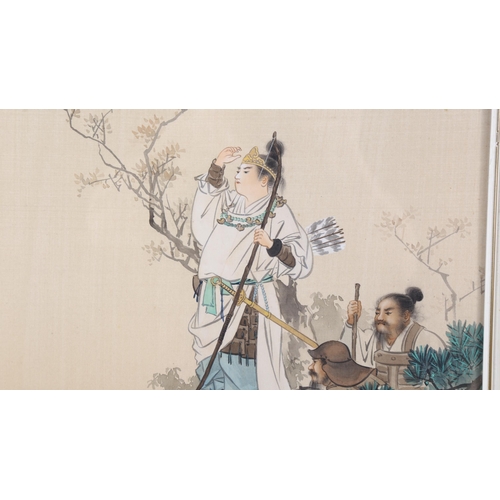 258 - Chinese watercolour on silk, warrior figures, signed with seal, 49cm x 41cm, framed