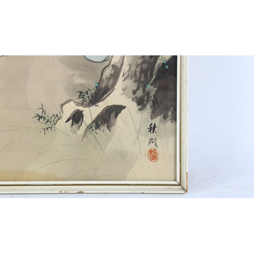 258 - Chinese watercolour on silk, warrior figures, signed with seal, 49cm x 41cm, framed