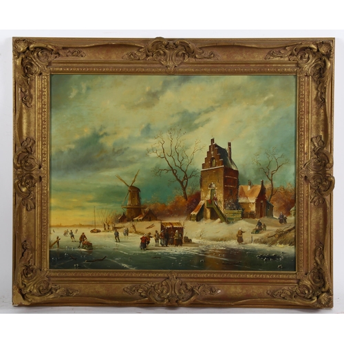 264 - F Barnes, oil on wood panel, Dutch winter scene, signed, 40cm x 50cm, framed