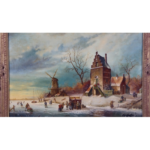 264 - F Barnes, oil on wood panel, Dutch winter scene, signed, 40cm x 50cm, framed