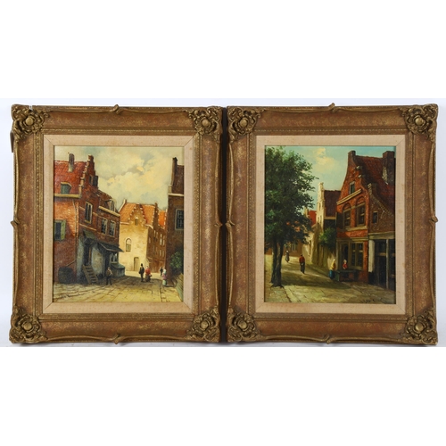 266 - Pair of 20th century oils on board, Flemish street scenes, indistinctly signed, 30cm x 24cm, framed