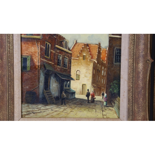 266 - Pair of 20th century oils on board, Flemish street scenes, indistinctly signed, 30cm x 24cm, framed