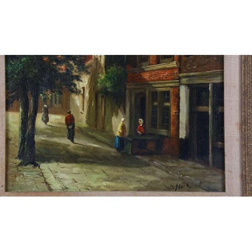 266 - Pair of 20th century oils on board, Flemish street scenes, indistinctly signed, 30cm x 24cm, framed