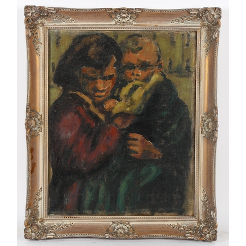 277 - Mid-20th century oil on canvas laid on board, possibly Russian, portrait of a woman and child, unsig... 