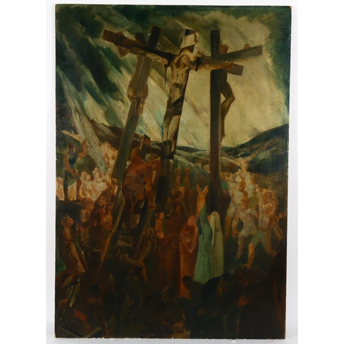 278 - 20th century oil on panel, surrealist crucifixion scene, unsigned, inscribed verso, crucifixion in C... 