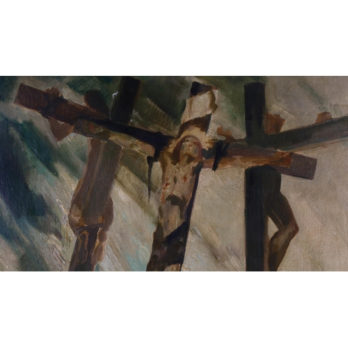 278 - 20th century oil on panel, surrealist crucifixion scene, unsigned, inscribed verso, crucifixion in C... 