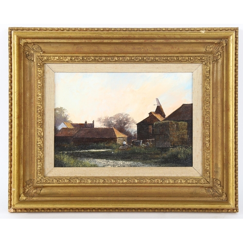 28 - Clive Madgwick, oil on canvas, haymaking Goudhurst, 1984, 18cm x 25cm, framed