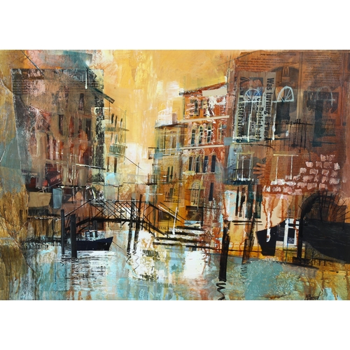 280 - Mike Bernard, mixed media on paper, abstract scene in Venice, signed, 52cm x 72cm, framed