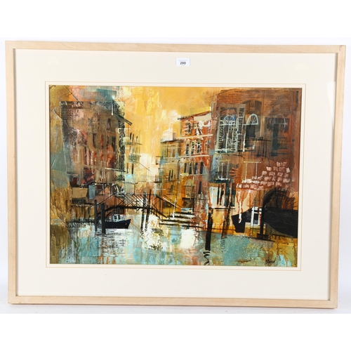 280 - Mike Bernard, mixed media on paper, abstract scene in Venice, signed, 52cm x 72cm, framed