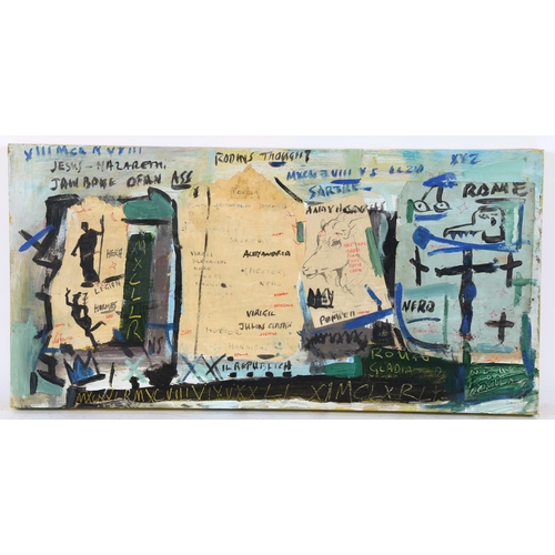 283 - Mixed media oil/collage on canvas, abstract composition, unsigned, 30cm x 60cm, unframed