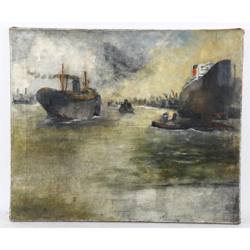 285 - Early to mid-20th century British School, oil on canvas, harbour scene, unsigned, 64cm x 75cm, unfra... 