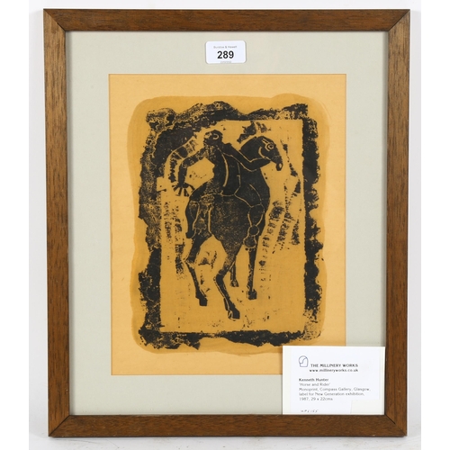 289 - Kenneth Hunter, monoprint, horse and rider 1987, 29cm x 22cm, framed