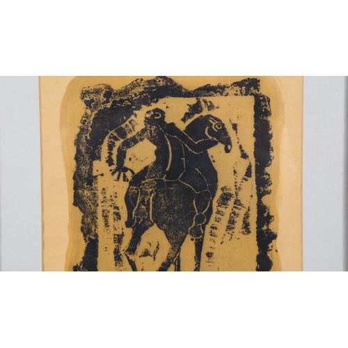 289 - Kenneth Hunter, monoprint, horse and rider 1987, 29cm x 22cm, framed