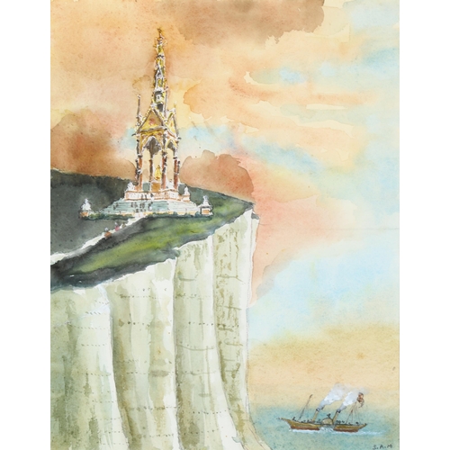 293 - Sam Beazley, watercolour, Albert Memorial on a cliff, signed, 36cm x 27cm, framed