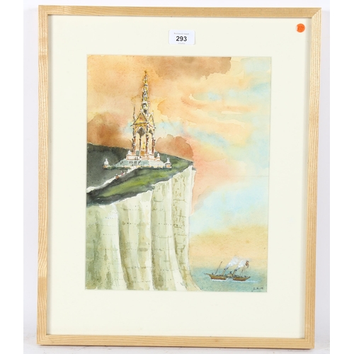 293 - Sam Beazley, watercolour, Albert Memorial on a cliff, signed, 36cm x 27cm, framed