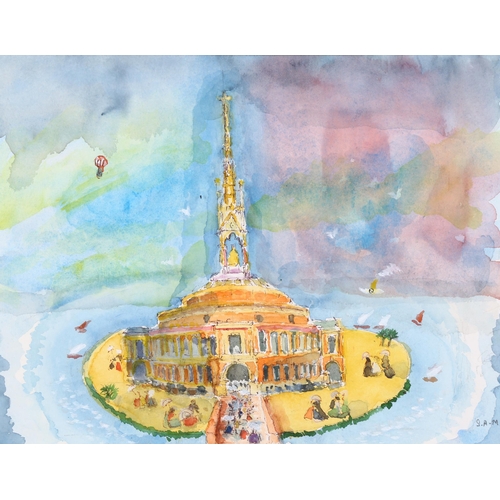 294 - Sam Beazley, watercolour, Albert Hall on an island, signed, 27cm x 34cm, framed