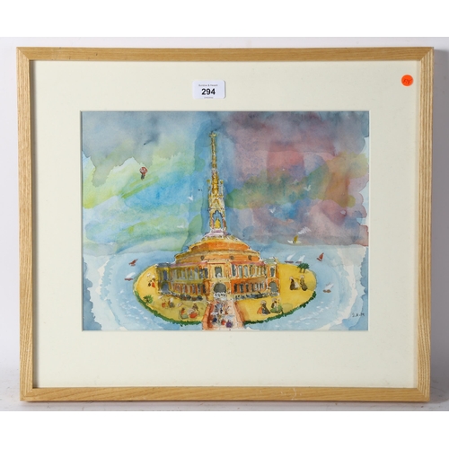 294 - Sam Beazley, watercolour, Albert Hall on an island, signed, 27cm x 34cm, framed