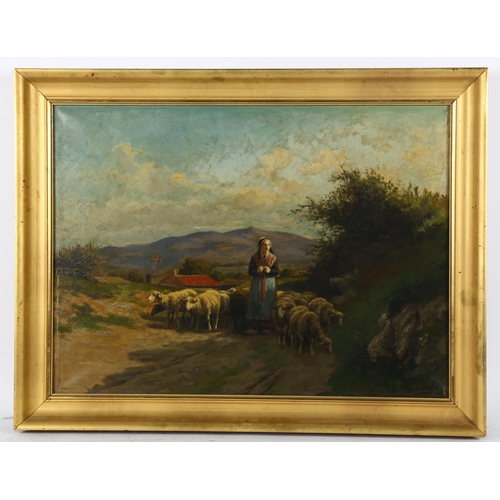 298 - Couland (French), 19th century oil on canvas, shepherdess and sheep, signed, 50cm x 65cm, framed