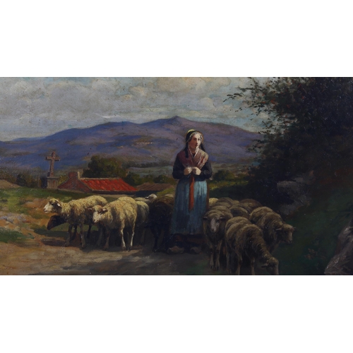 298 - Couland (French), 19th century oil on canvas, shepherdess and sheep, signed, 50cm x 65cm, framed