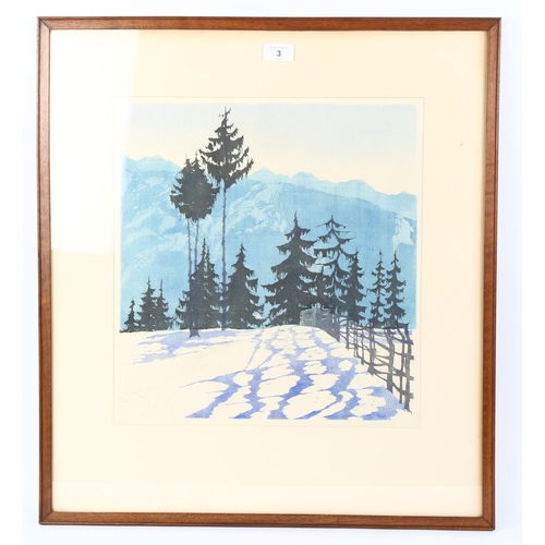 3 - Miss H Ladstatter, colour woodcut print, mountains and pines, winter, signed in pencil with Colnaghi... 