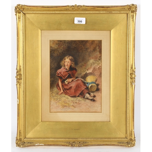 300 - William Henry Hunt (1790 - 1864), watercolour, girl sitting on a mossy bank, 25cm x 18cm, framed