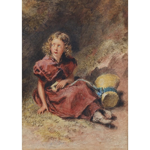 300 - William Henry Hunt (1790 - 1864), watercolour, girl sitting on a mossy bank, 25cm x 18cm, framed