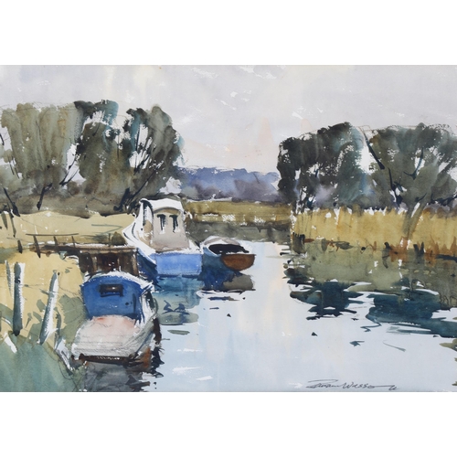 301 - Edward Wesson, watercolour, boats on the Norfolk Broads, signed, 42cm x 58cm, framed