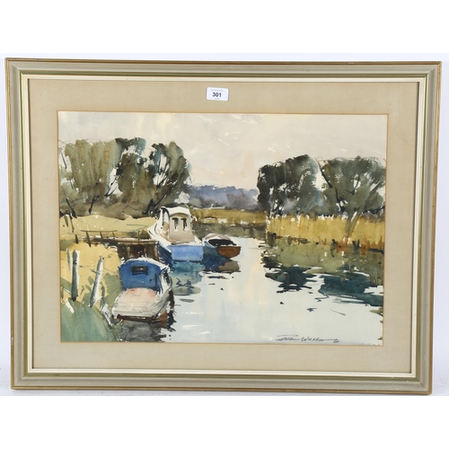 301 - Edward Wesson, watercolour, boats on the Norfolk Broads, signed, 42cm x 58cm, framed