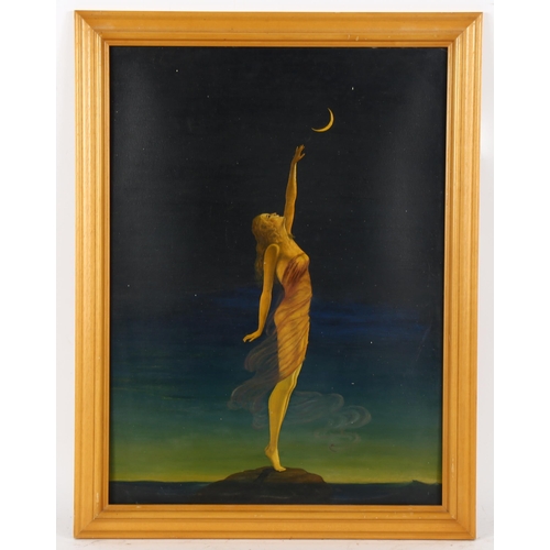 302 - Mid-20th century oil on board, surrealist composition, unsigned, 51cm x 36cm, framed