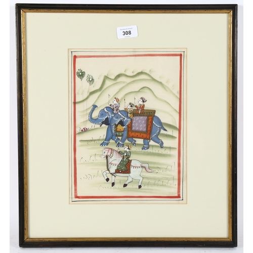 308 - Indian School, watercolour on silk, elephant procession, 28cm x 21cm, framed