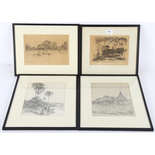 312 - E MacColl, 4 ink and pencil drawings, scenes in Burma, early 20th century, all signed, framed (4)