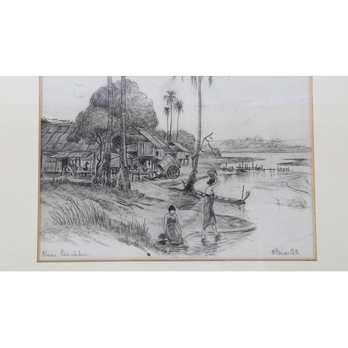 312 - E MacColl, 4 ink and pencil drawings, scenes in Burma, early 20th century, all signed, framed (4)