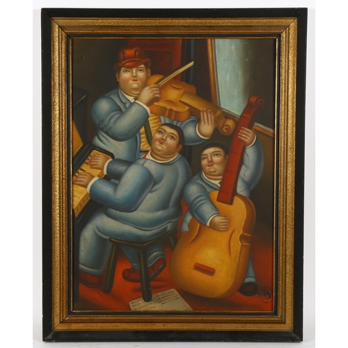 313 - After F Botero, contemporary oil on canvas board, jazz band, 60cm x 44cm, framed