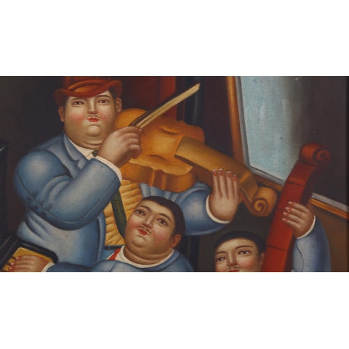 313 - After F Botero, contemporary oil on canvas board, jazz band, 60cm x 44cm, framed