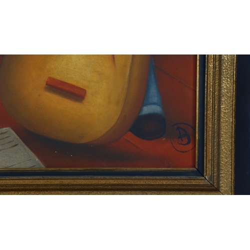 313 - After F Botero, contemporary oil on canvas board, jazz band, 60cm x 44cm, framed