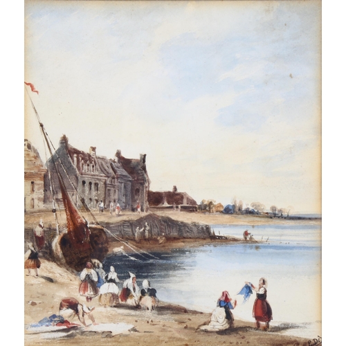 314 - 19th century watercolour, Continental harbour scene, signed with monogram EDA, 17cm x 15cm, framed