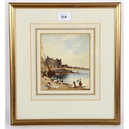 314 - 19th century watercolour, Continental harbour scene, signed with monogram EDA, 17cm x 15cm, framed