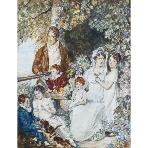 315 - 19th century watercolour, family portrait, signed with monogram, 21cm x 16cm, mounted