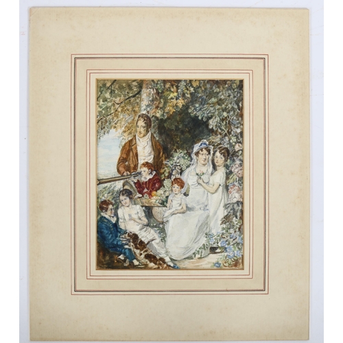 315 - 19th century watercolour, family portrait, signed with monogram, 21cm x 16cm, mounted