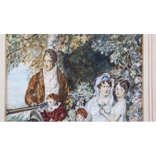 315 - 19th century watercolour, family portrait, signed with monogram, 21cm x 16cm, mounted