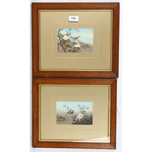 316 - Japanese School, pair of watercolours, birds and blossom trees, signed with seal, 9.5cm x 14.5cm, fr... 