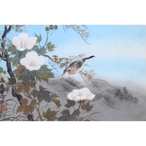 316 - Japanese School, pair of watercolours, birds and blossom trees, signed with seal, 9.5cm x 14.5cm, fr... 