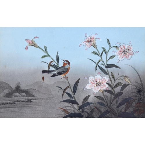 316 - Japanese School, pair of watercolours, birds and blossom trees, signed with seal, 9.5cm x 14.5cm, fr... 