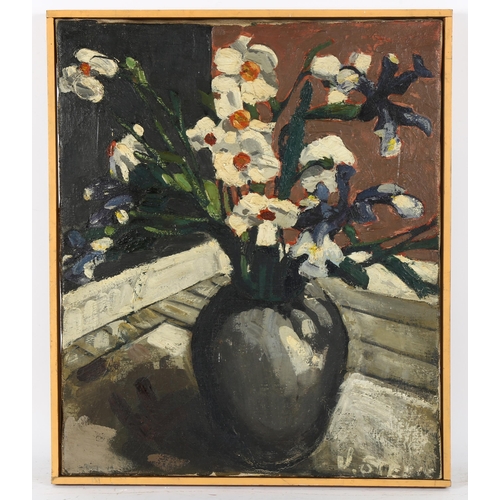 318 - J Steele, mid-20th century oil on canvas, still life signed and inscribed verso with date 1956, 60cm... 