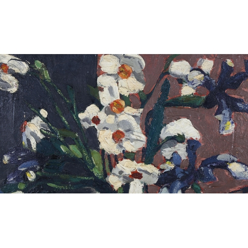 318 - J Steele, mid-20th century oil on canvas, still life signed and inscribed verso with date 1956, 60cm... 