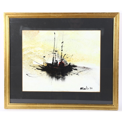 32 - Emilio, pair of mixed media paintings, abstract shipping, signed, 36cm x 45cm, framed