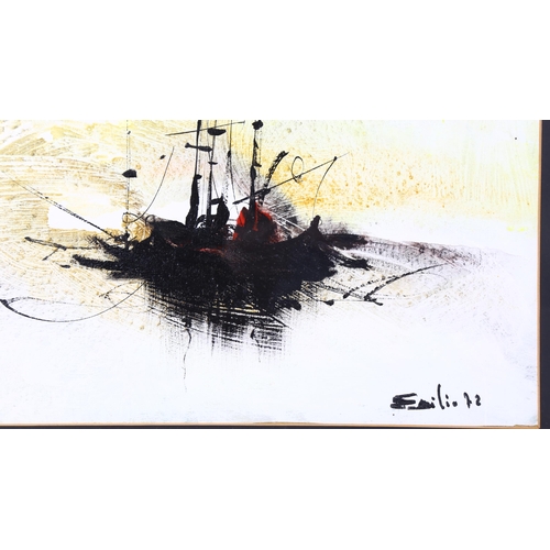 32 - Emilio, pair of mixed media paintings, abstract shipping, signed, 36cm x 45cm, framed