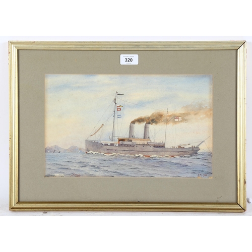 320 - First War Period watercolour, HMS Rose, signed with monogram AWD with indistinct date, 22cm x 35cm, ... 